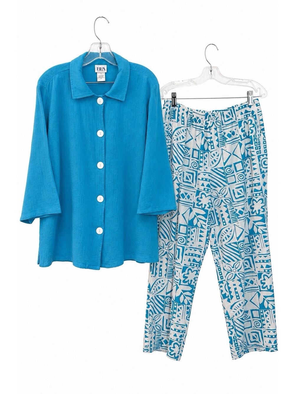 BFA Classics 2 Pc Outfit Set Womens Large Blue White Tropical Capri Pants